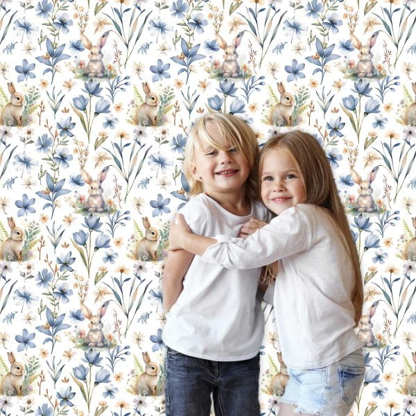 Detailed View of Cute Bunny Rabbit Floral Wallpaper in Blue - Cottage Chic Design