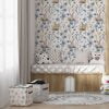 Cute Bunny Rabbit Floral Wallpaper in Blue - Cottage Chic Decor for Kids Play Area