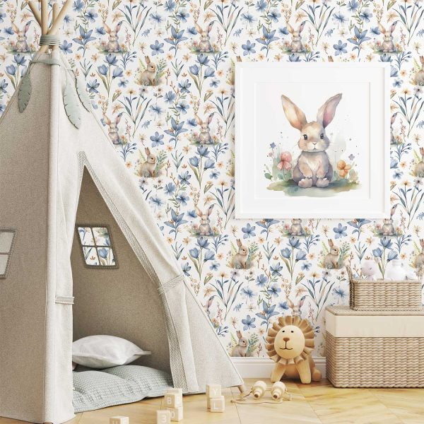 Cute Bunny Rabbit Floral Wallpaper in Blue - Cottage Chic Decor for Baby's Playroom