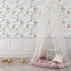 Cute Bunny Rabbit Floral Wallpaper in Blue - Cottage Chic Decor for Baby's Playroom