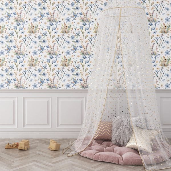 Cute Bunny Rabbit Floral Wallpaper in Blue - Cottage Chic Decor for Baby's Playroom