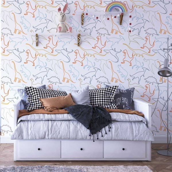Dinosaur wallpaper in modern contemporary design with orange, gray, blue, mustard, and white colors in a kids playroom.