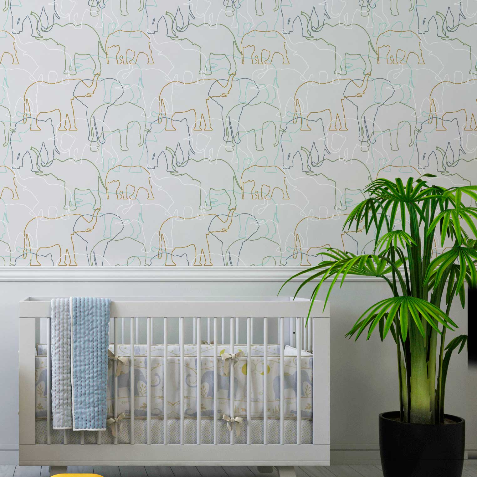 Contemporary grey, green, yellow and white elephant wallpaper in a baby nursery