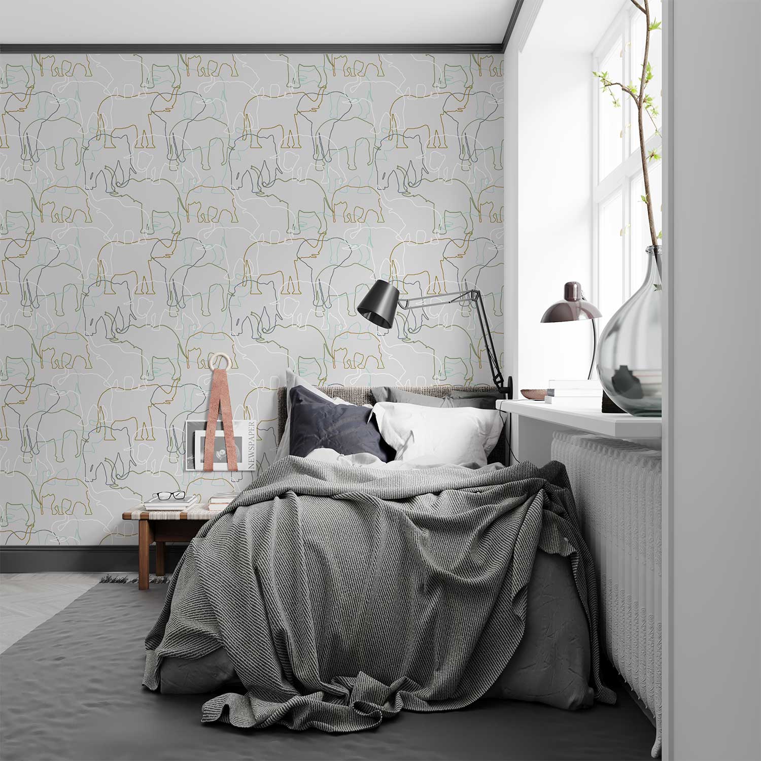 Modern grey, green, mustard and white elephant wallpaper in a kids room