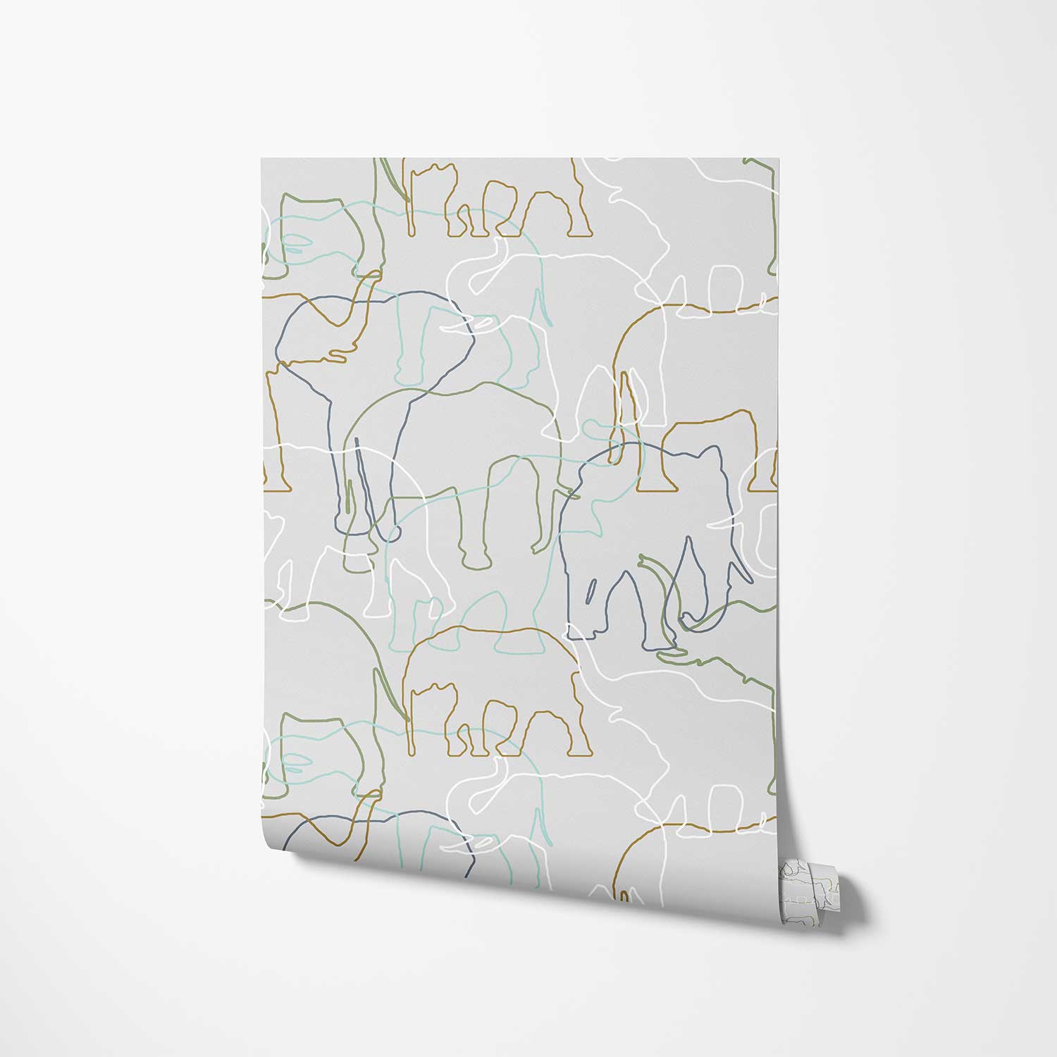 Close-up detail of grey, green and white elephant wallpaper sample
