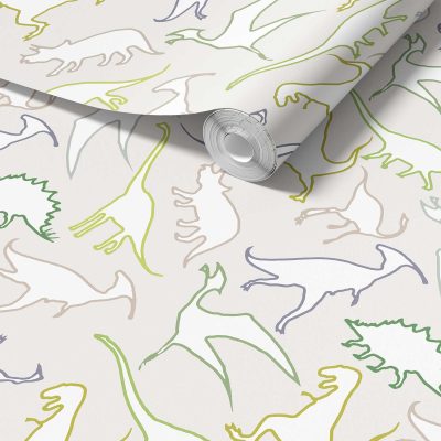 Dinosaur wallpaper for kids in beige, greens, and browns.