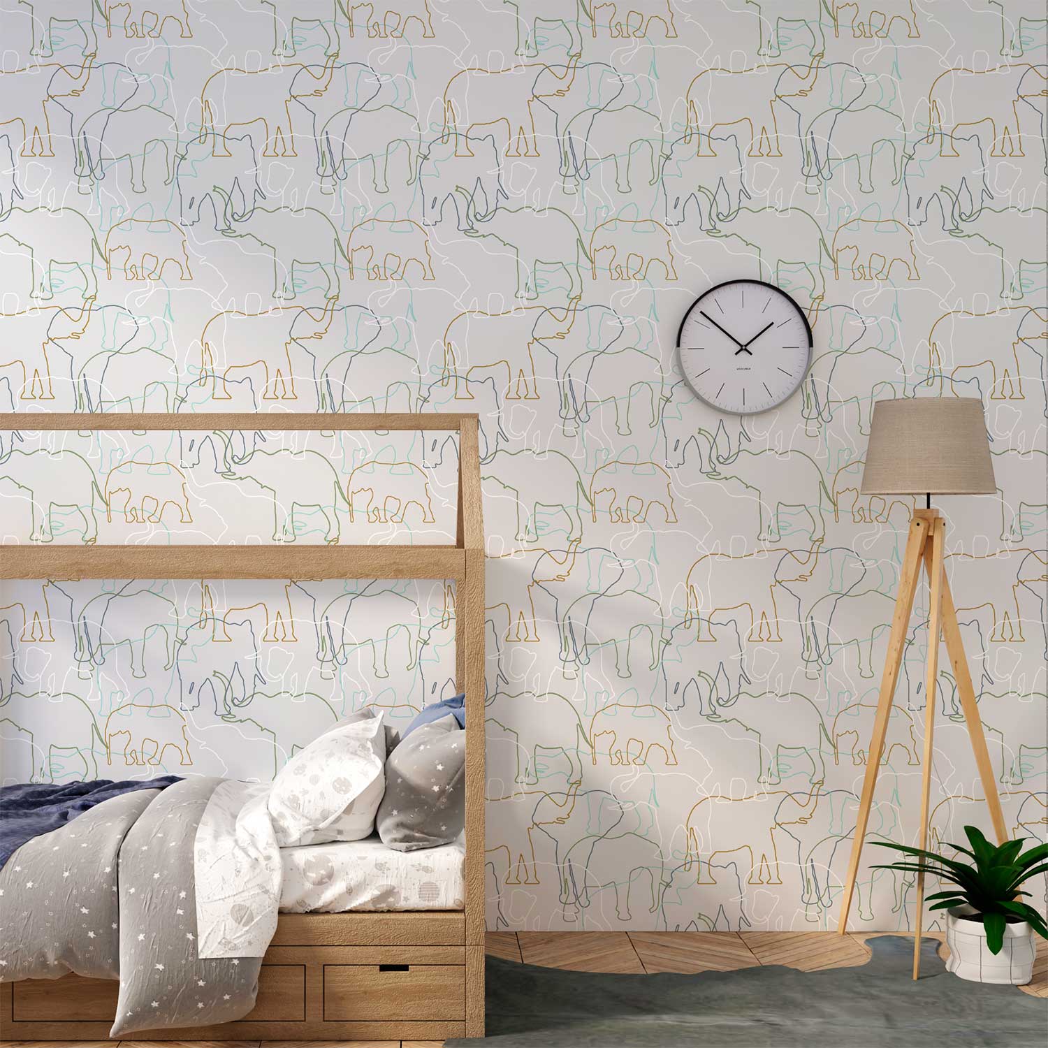 Modern grey, green, mustard and white elephant wallpaper in a kids room