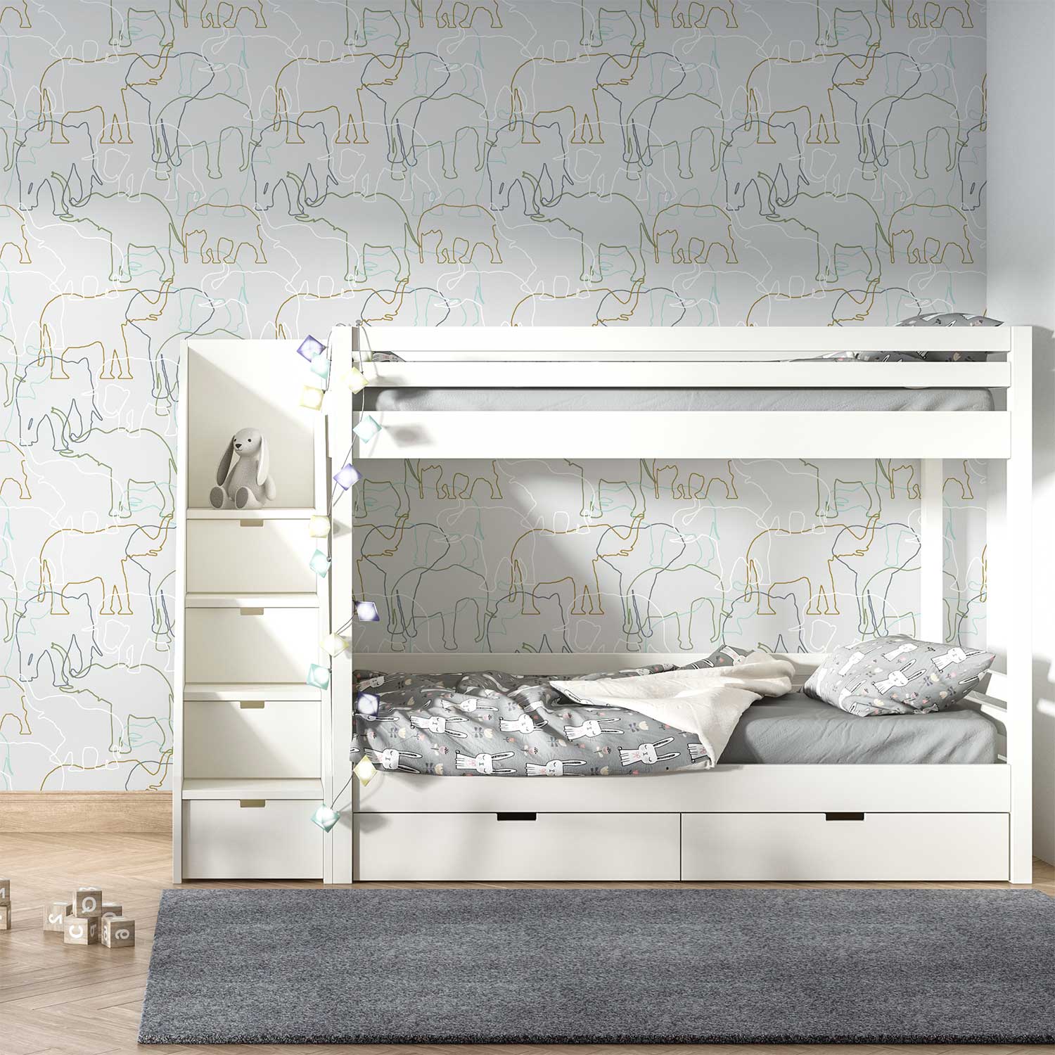 Modern grey, green, mustard and white elephant wallpaper in a kids room