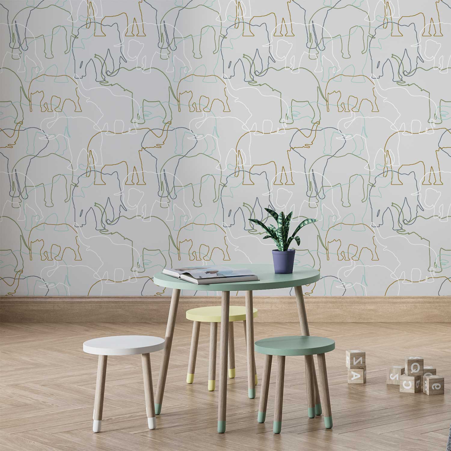 Contemporary grey, yellow, and white elephant wallpaper in a playroom
