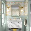 Peel and stick yellow watercolor peony floral wallpaper in a bathroom