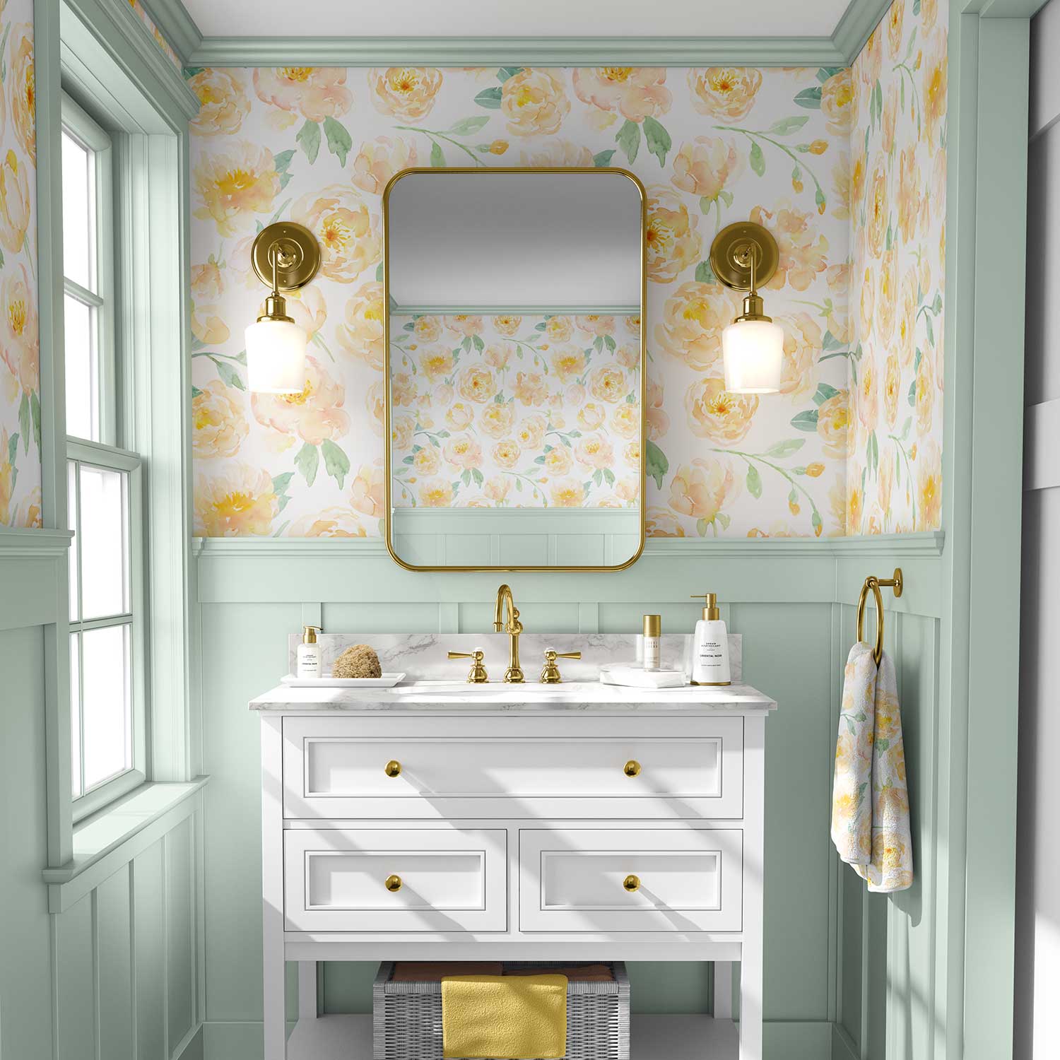 Peel and stick yellow watercolor peony floral wallpaper in a bathroom