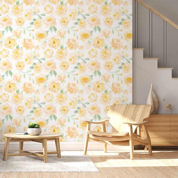 Yellow watercolor peony floral wallpaper in a living room