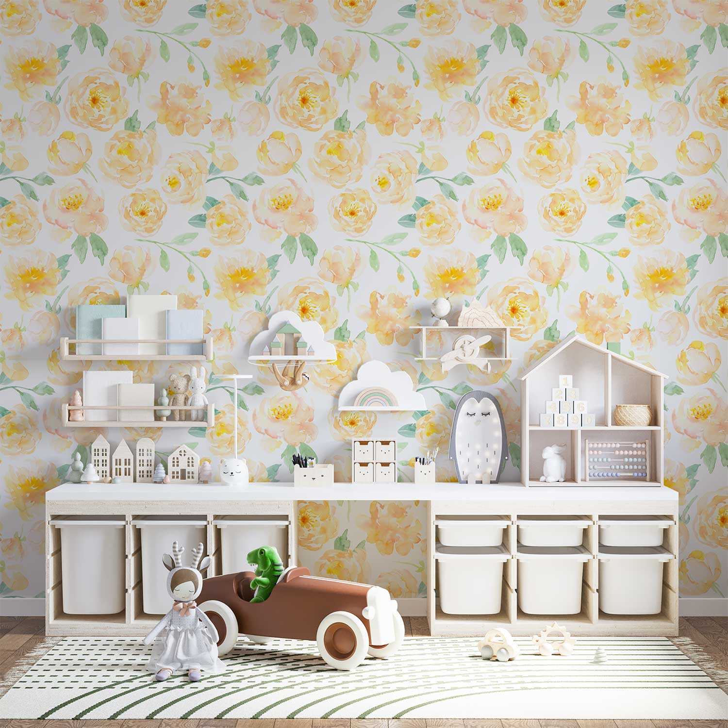 Yellow watercolor peony floral wallpaper in a nursery