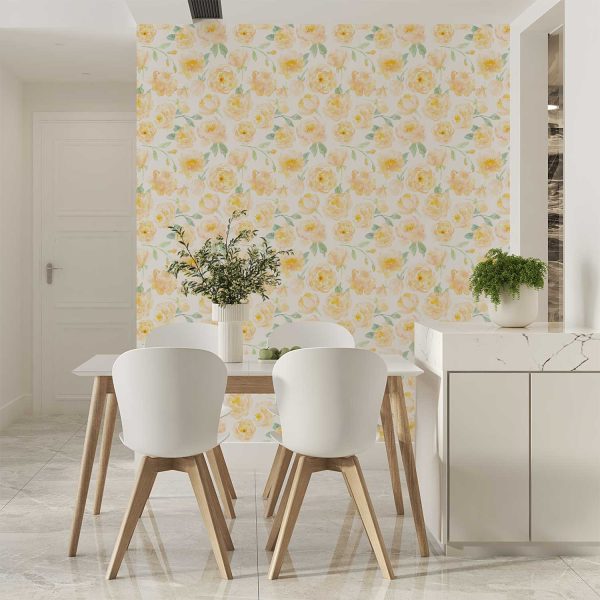 Vinyl yellow watercolor peony floral wallpaper in a dining room
