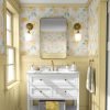 Peel and stick yellow watercolor peony floral wallpaper in a bathroom