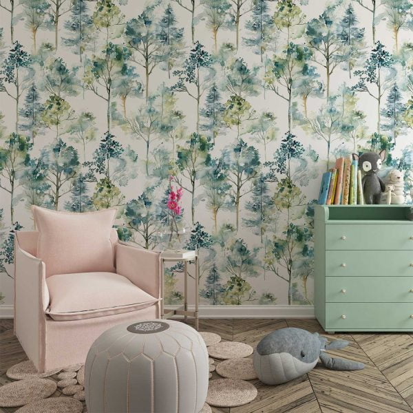 Woodland Trees Nursery Wallpaper For Baby Boys Room