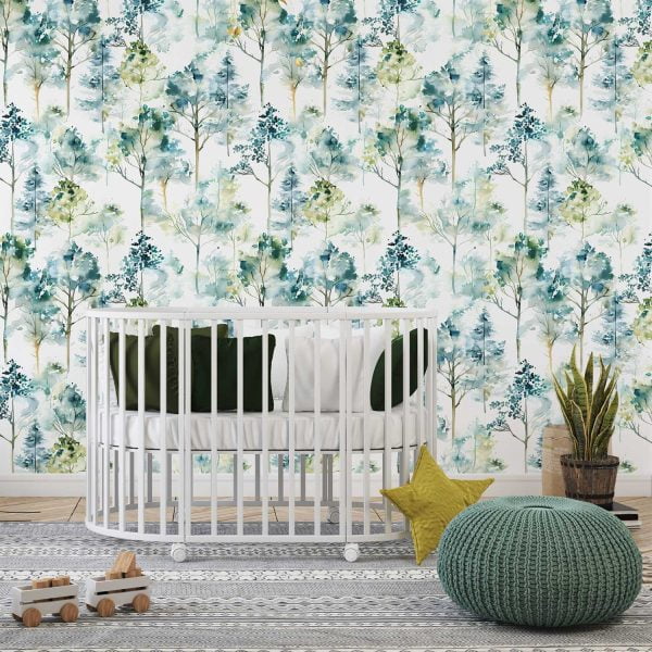 Woodland Nursery Wallpaper With Green Watercolor Trees With Nature Forest Theme