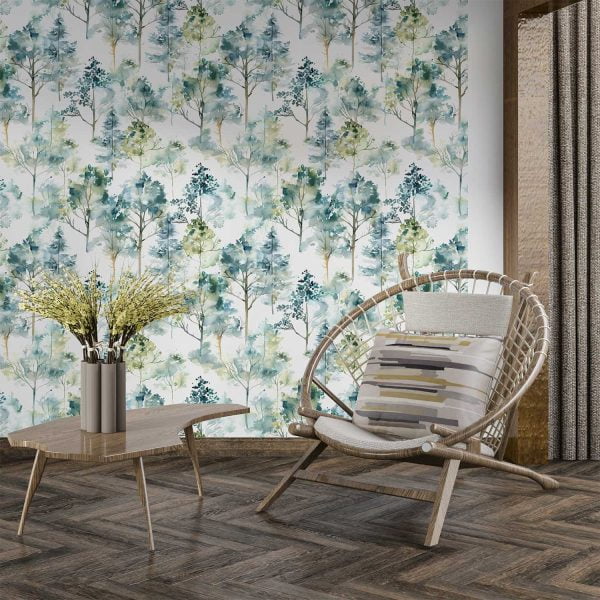 Rustic Green Watercolor Tree Wallpaper - Misty Forest Pattern