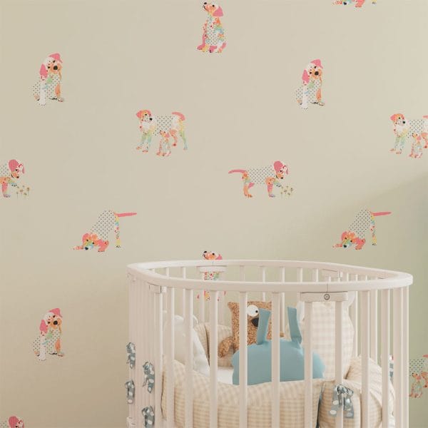 Pink puppy dog wallpaper for kids and baby nursery.