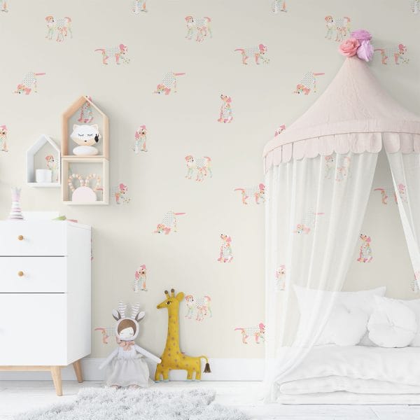 Pink puppy dog wallpaper for kids in beige kids' playroom.