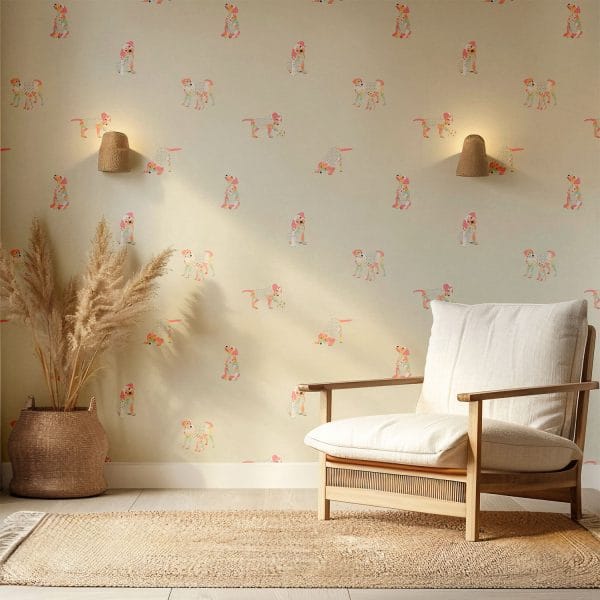 Pink puppy dog wallpaper for kids rooms in beige playroom.