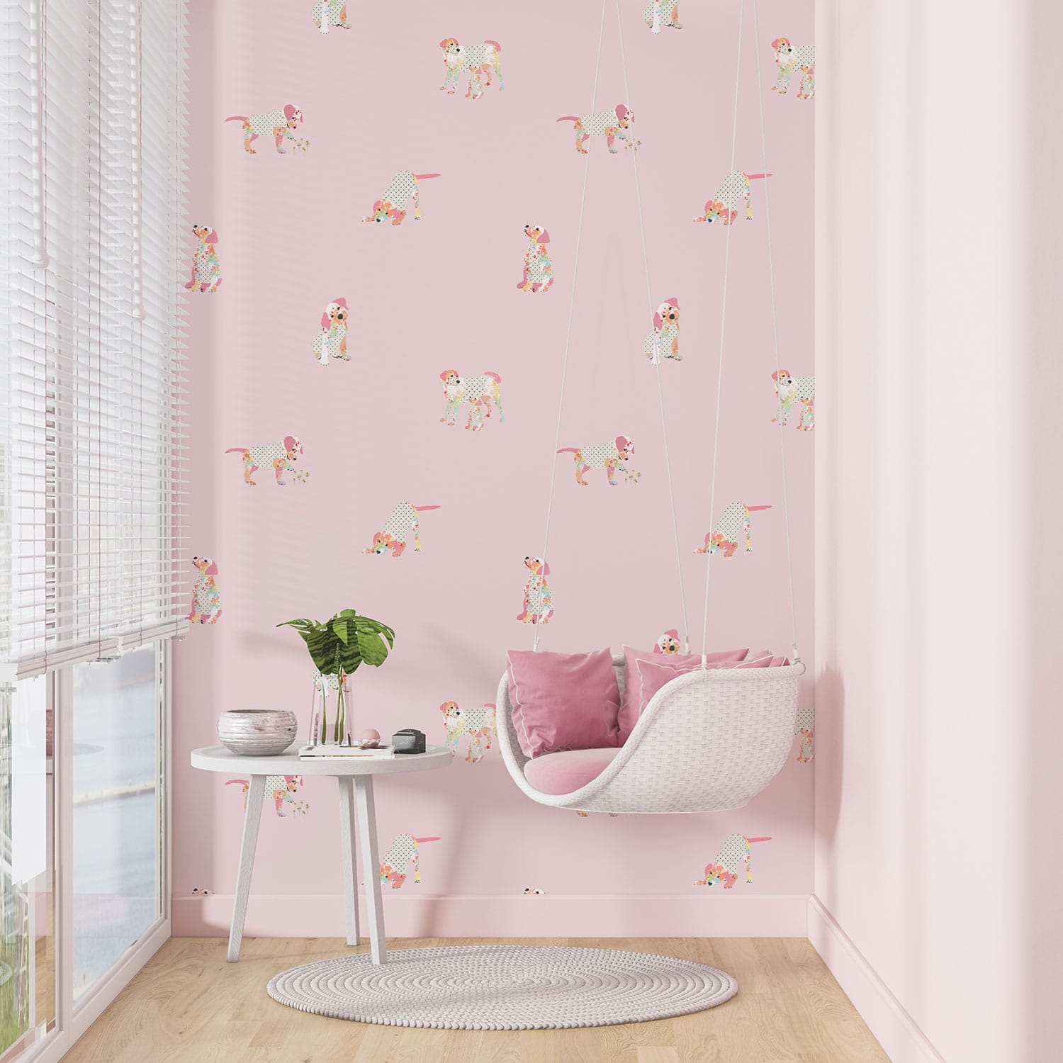 Pink puppy dog wallpaper in kids' playroom.