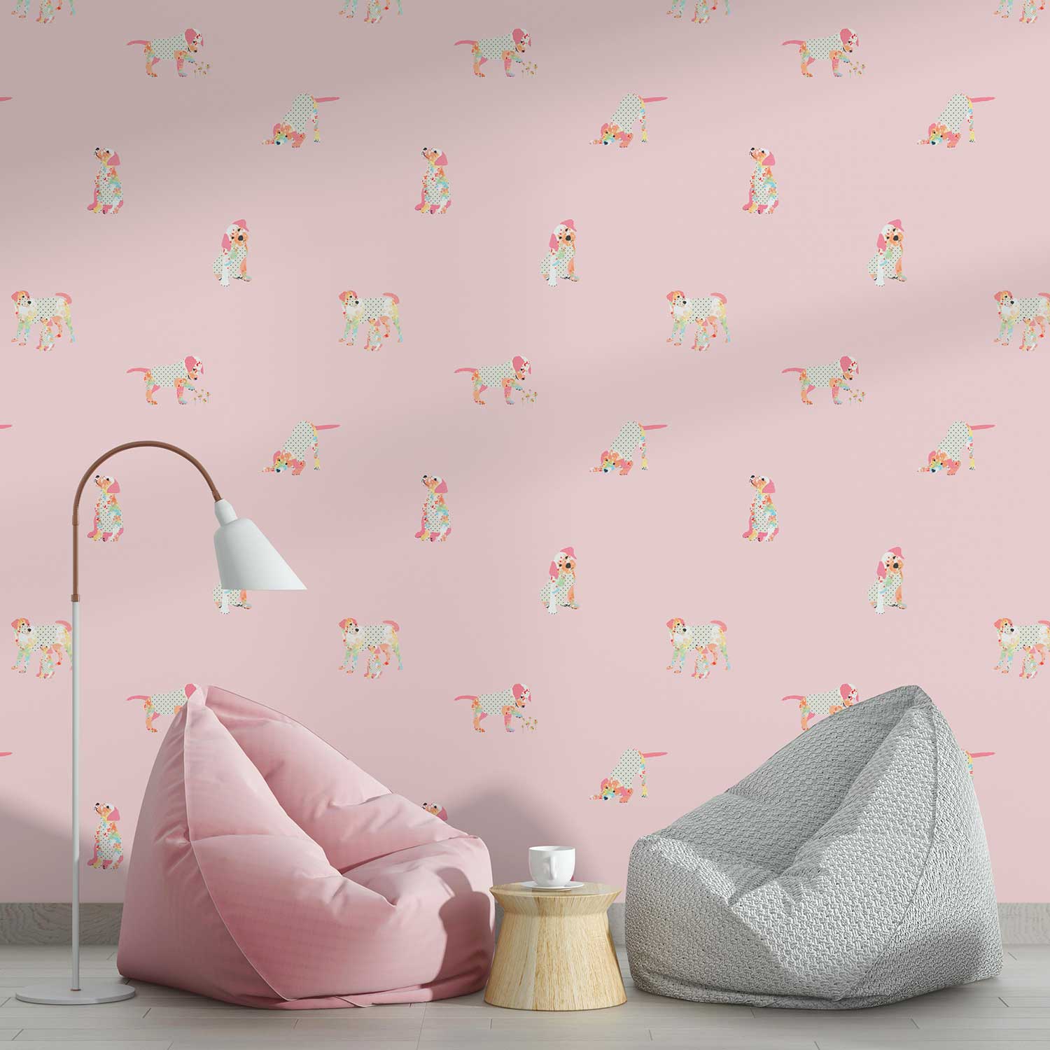 Pink puppy dog wallpaper in kids' playroom.