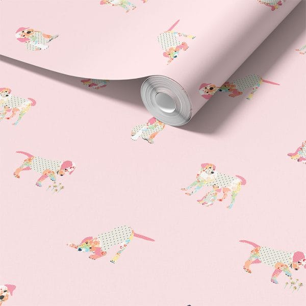Close-up of pink puppy dog wallpaper design.
