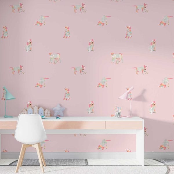 Pink puppy dog wallpaper in kids' playroom.