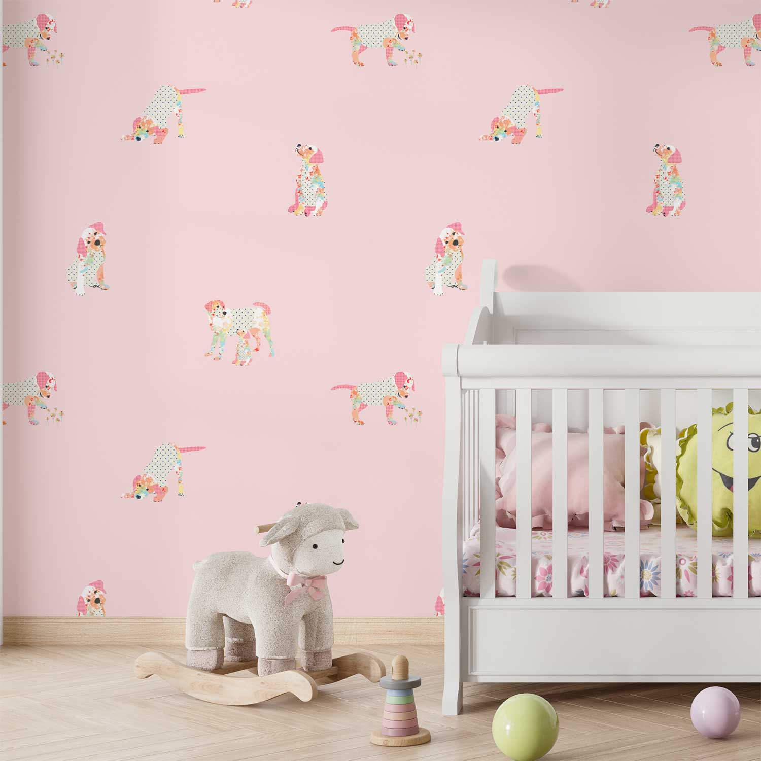 Pink puppy dog wallpaper in baby nursery.