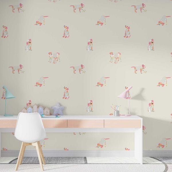 Pink puppy dog wallpaper for kids in beige kids' playroom.