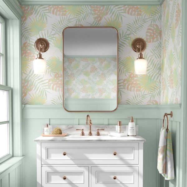 tropical apricot and green palm leaves wallpaper for bathrooms and bedrooms