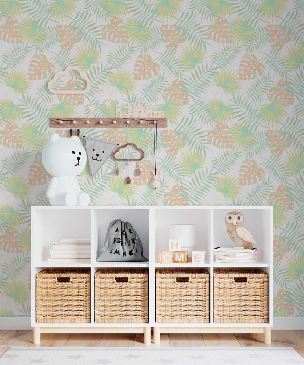 tropical palm leaves wallpaper with apricot accents for nursery or living room