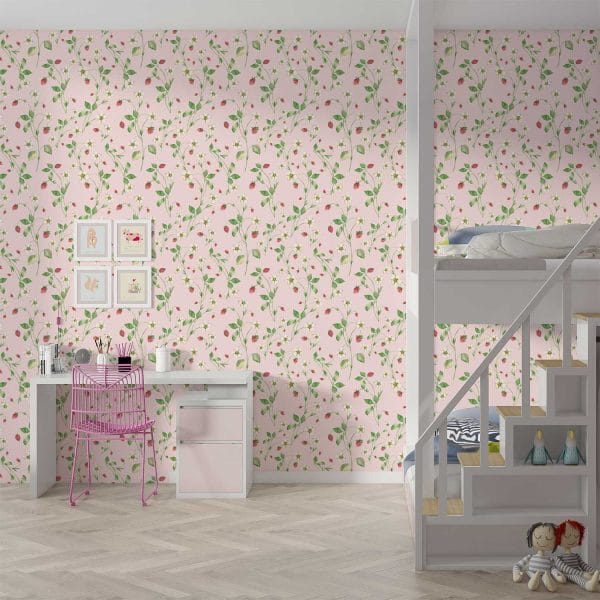 Pink strawberry floral kids wallpaper in a girl's room
