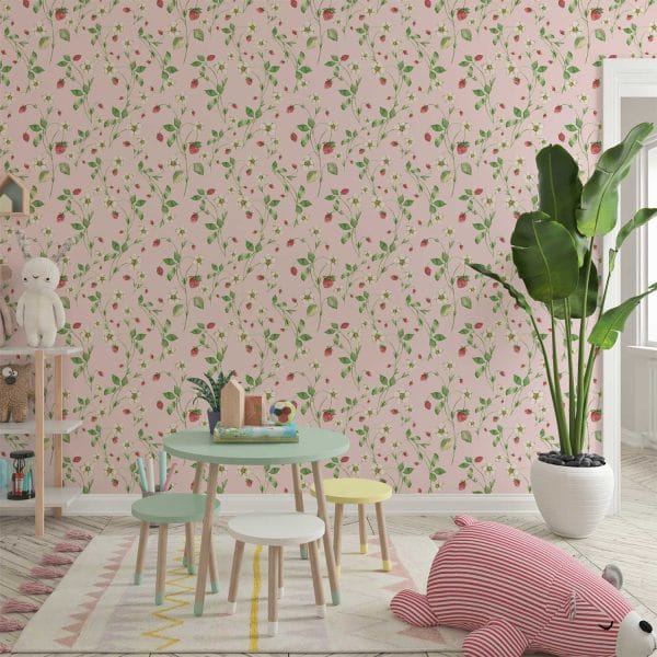 Pink strawberry floral kids wallpaper in a girl's room