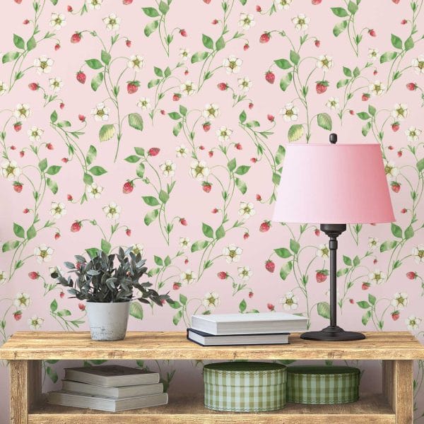 Pink strawberry floral kids wallpaper in a girl's room