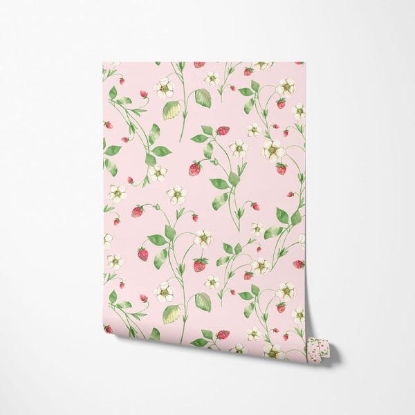 Pink strawberry floral wallpaper