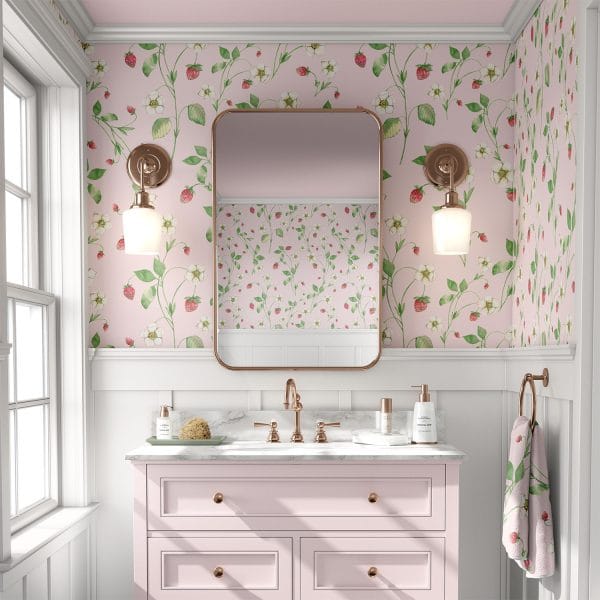 Pink strawberry floral wallpaper in a pretty bathroom