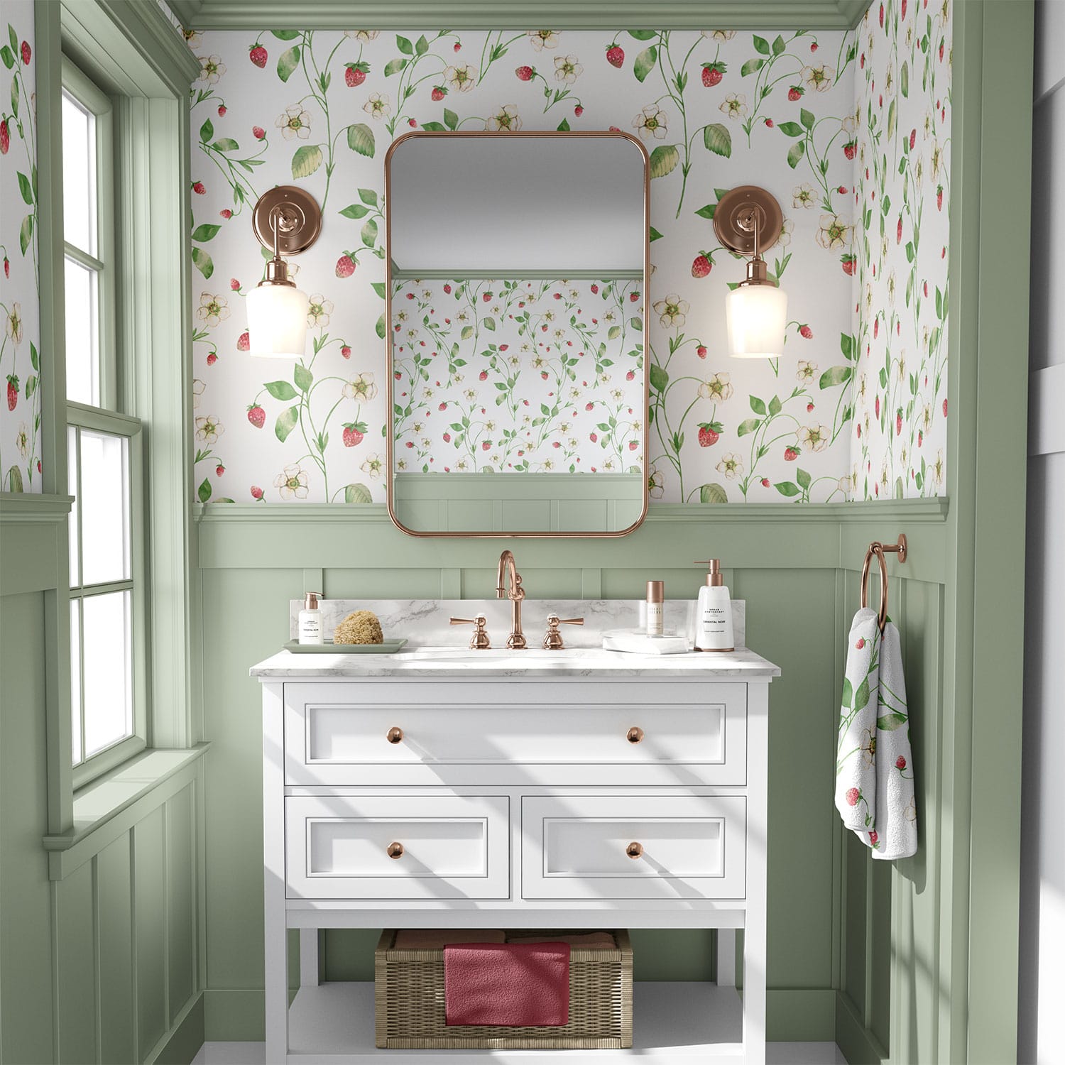 Strawberry field floral wallpaper in a bathroom
