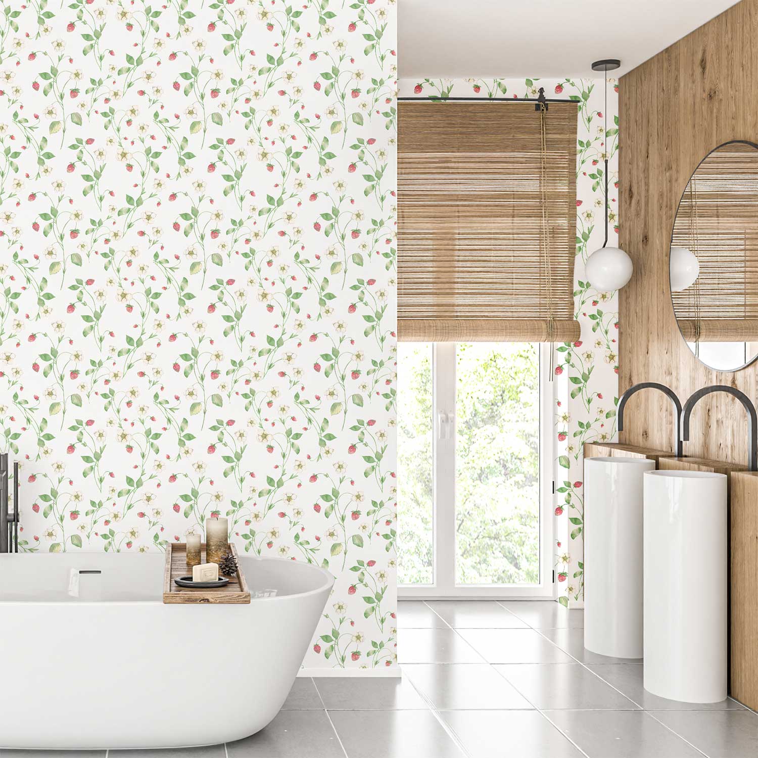 Strawberry field floral wallpaper in a bathroom