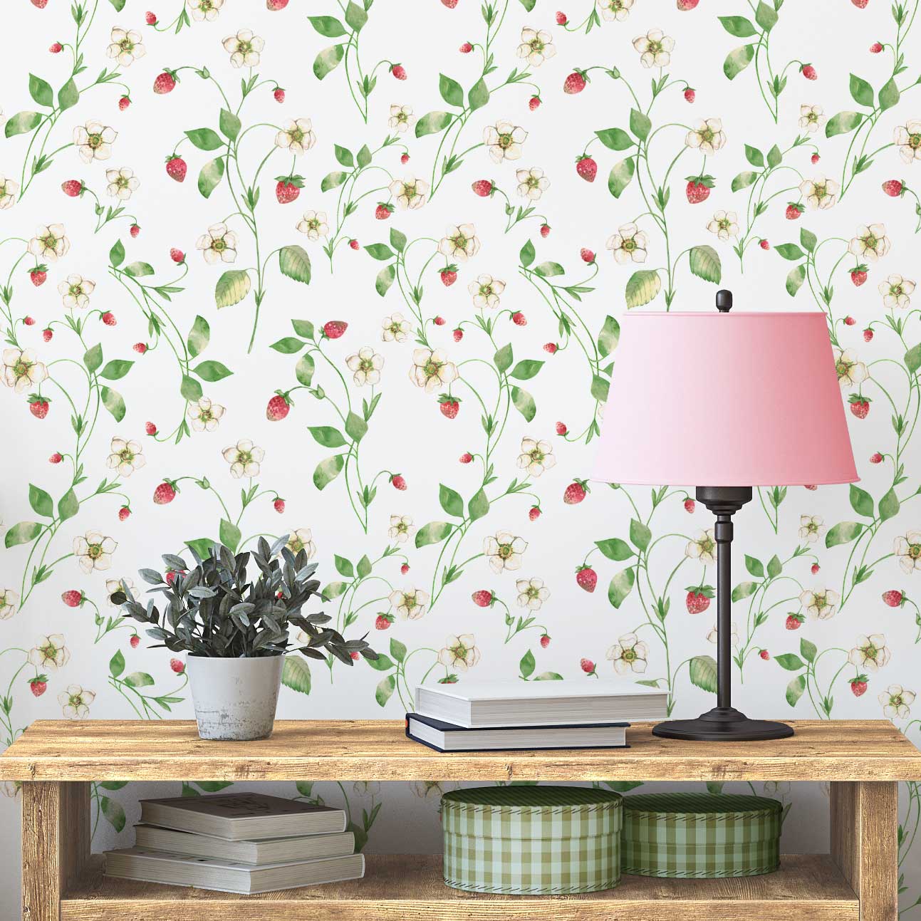 Strawberry field floral wallpaper in a girl's bedroom