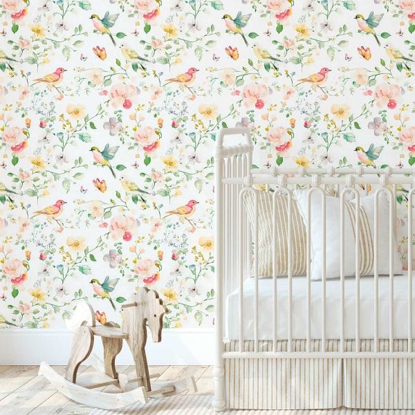 Birds and butterfly wallpaper for kids' rooms and nurseries, available in peel and stick or traditional non-pasted options.