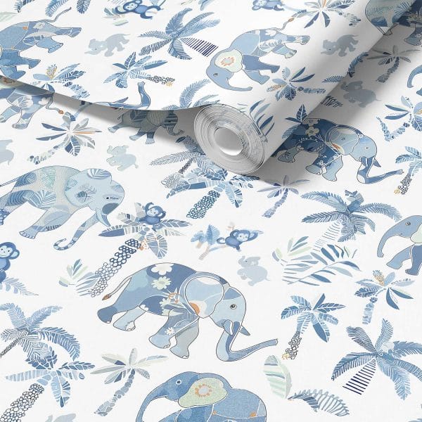 Blue wallpaper for kids featuring cute tropical elephants in a vibrant design.