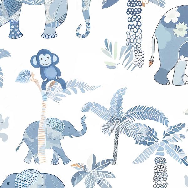 Blue Wallpaper for Kids featuring cute tropical elephants.