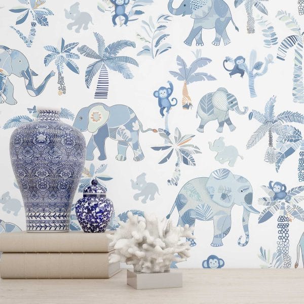 Playful and colorful Blue Wallpaper for Kids with tropical elephants for a fun room makeover.