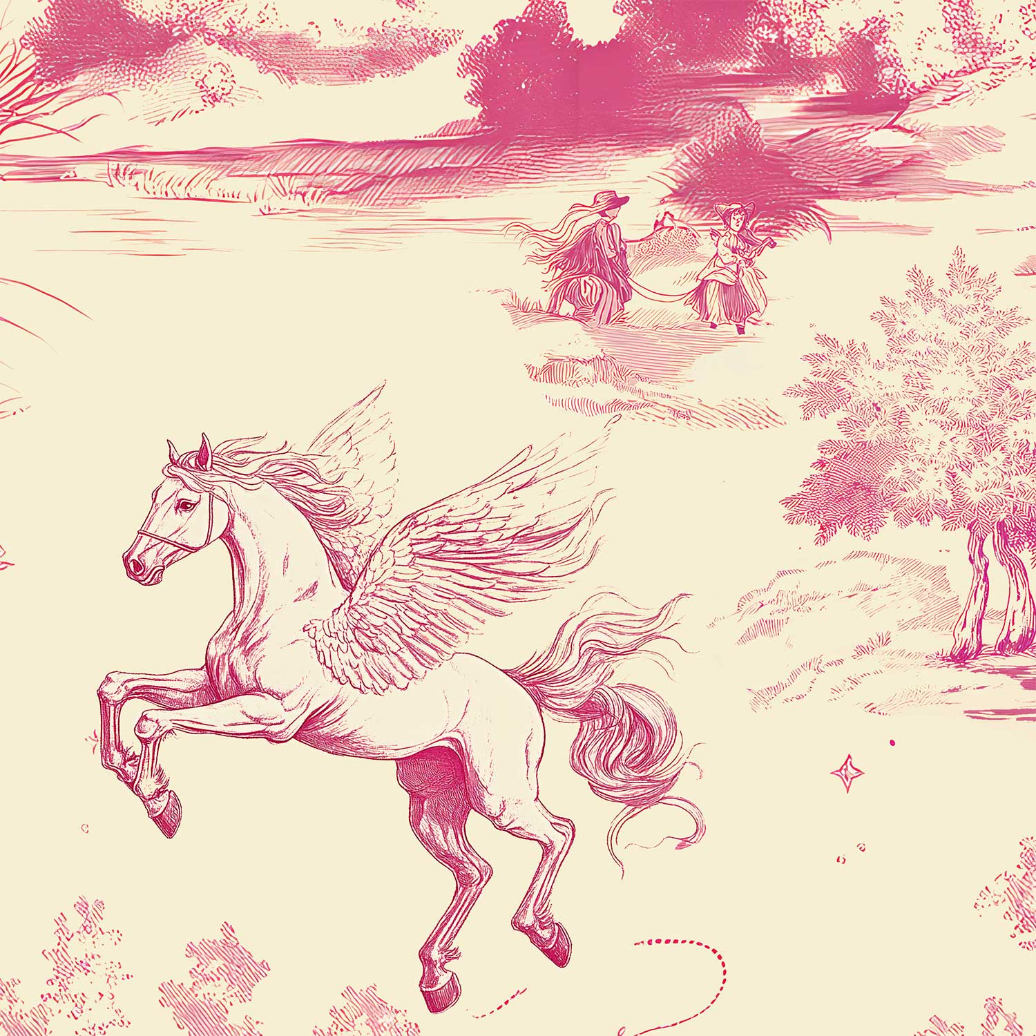 Close-up of unicorn and horse pattern on Cosmic Cowgirl Wallpaper.