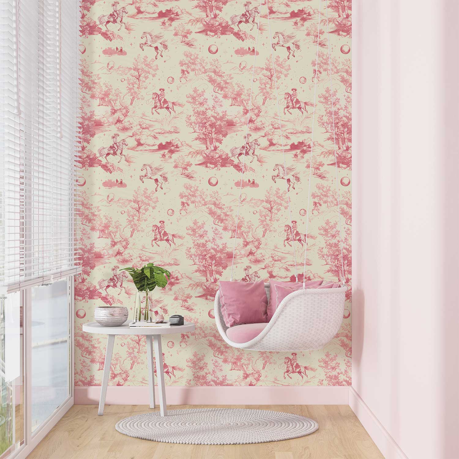Playful unicorn and horse wallpaper creating a charming accent wall.