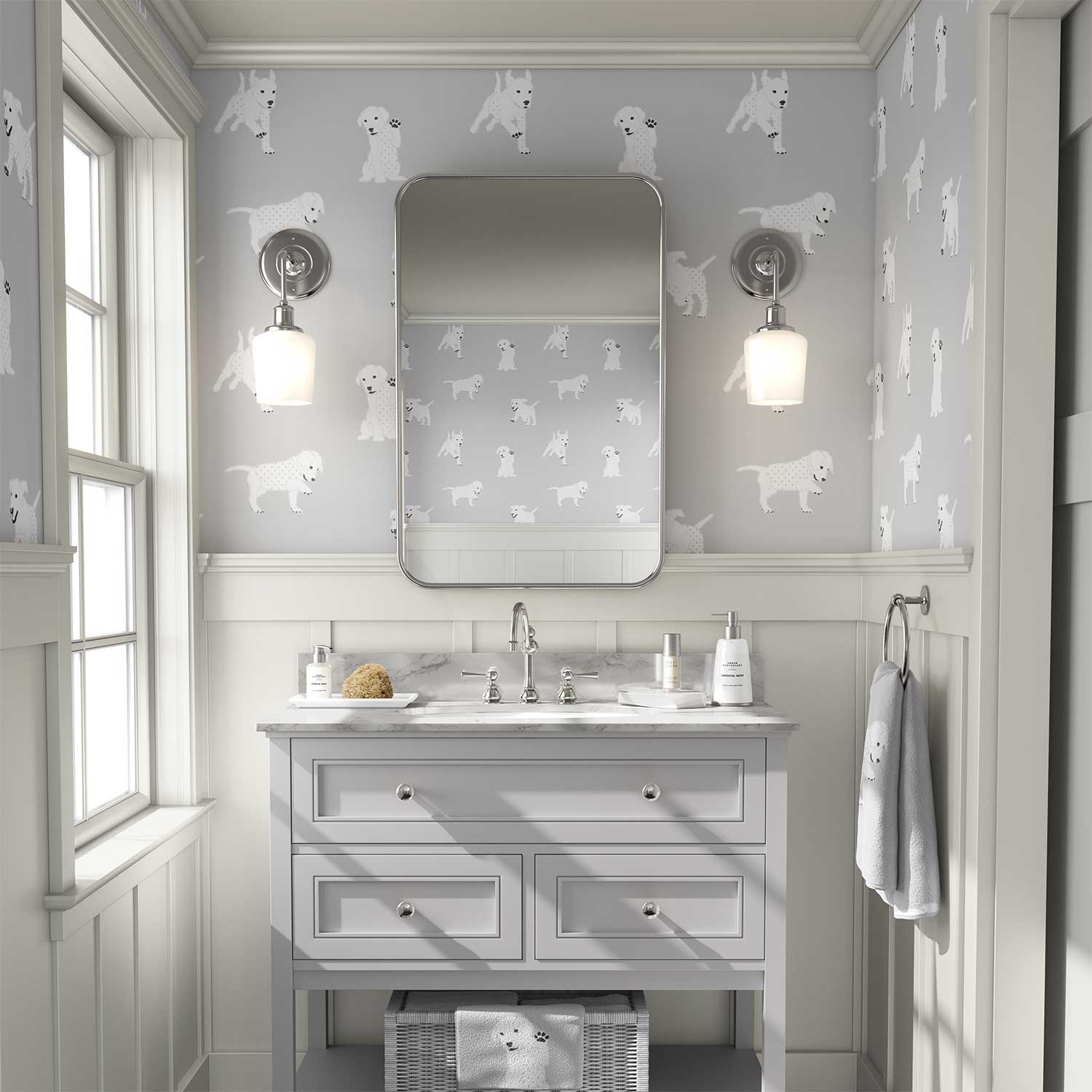 Fun dog-themed wallpaper for children's bathroom decor