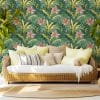 Coastal-style living room with tropical wallpaper background