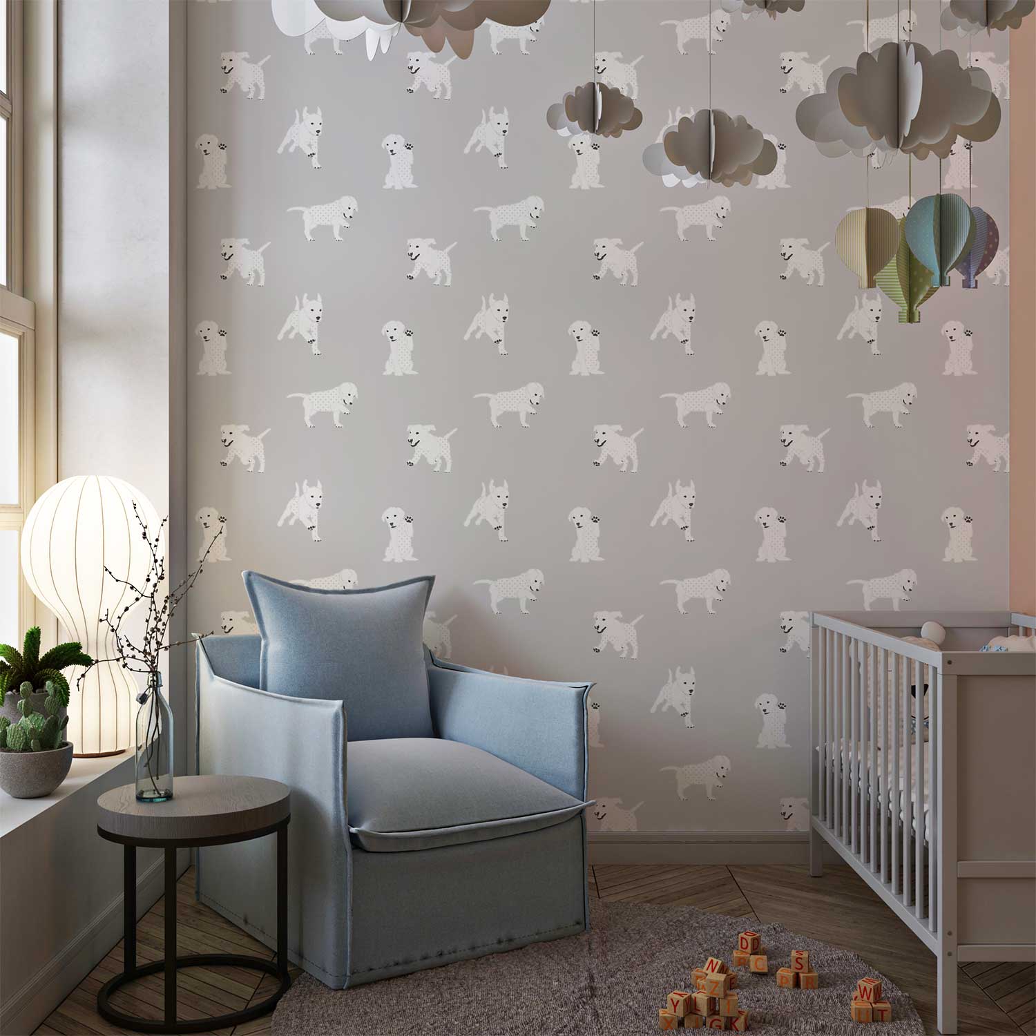 Soft gray dog wallpaper for a baby nursery